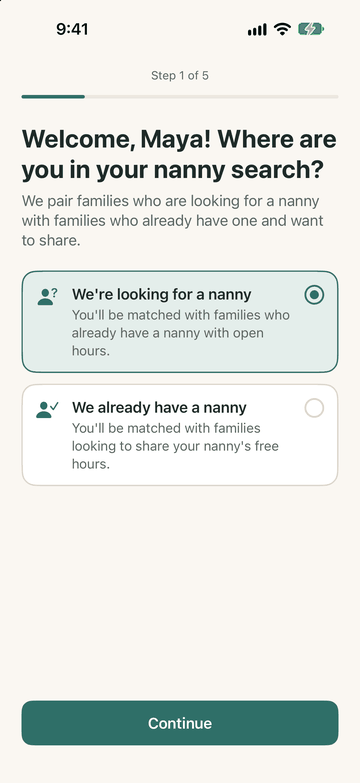 Animation of the nanny nearest onboarding flow, from choosing whether you have a nanny to setting your weekly hours