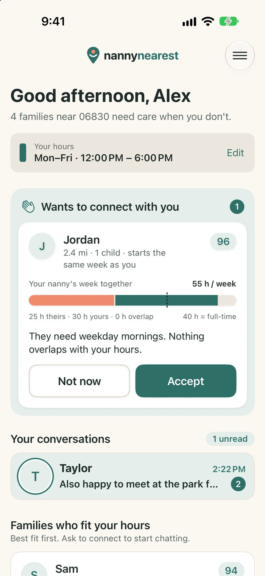 nanny nearest home screen showing today's hours, a connection request with a 96 match score and a recent conversation